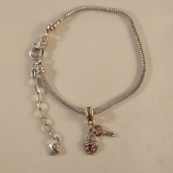 Silver European Starter Charm Bracelet Heart Lock Key Diamond Crystal Pendant - Picture 2 of 4